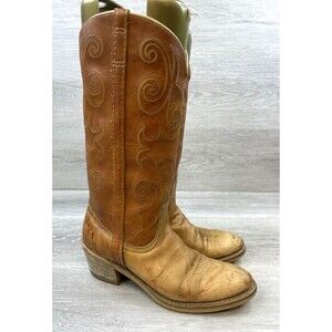 Dingo Women's 7607 Western Cowboy Boots Tan Leather Stitching Boho 8N Made USA